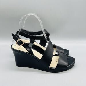 Cole Haan Sandals Womens 7.5 Black Leather Slingback Strappy Wedge Heel Shoes